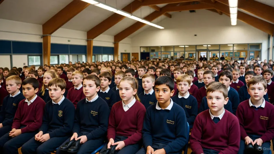 Hundreds of students in strict school uniforms sitting silently in a large school hall during mass detention for uniform violations at Ysgol Penglais, Aberystwyth, Wales