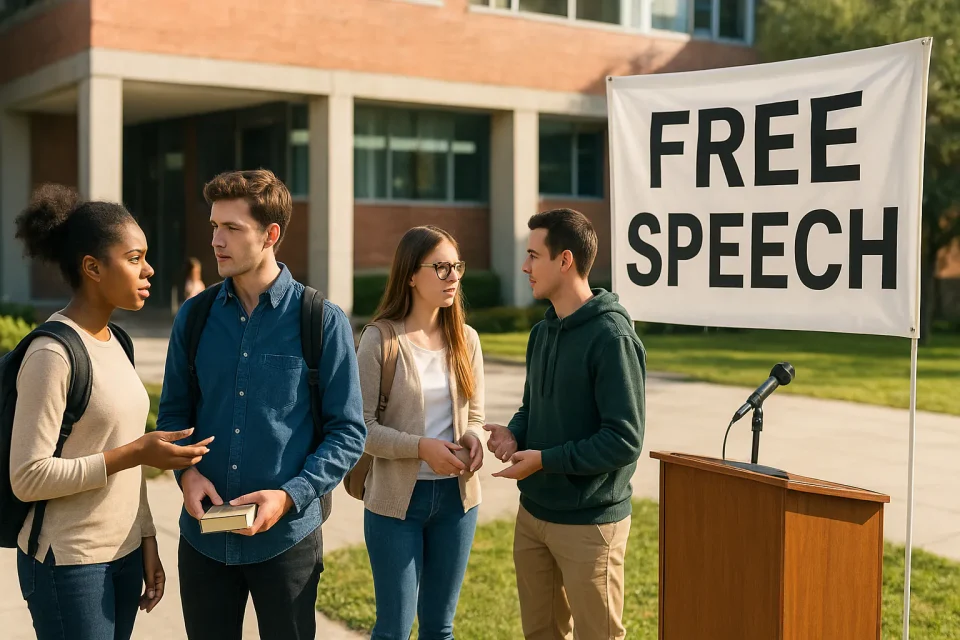 Four university students standing and talking near a “Free Speech” banner and podium on a campus, representing new free speech policy requirements for universities.