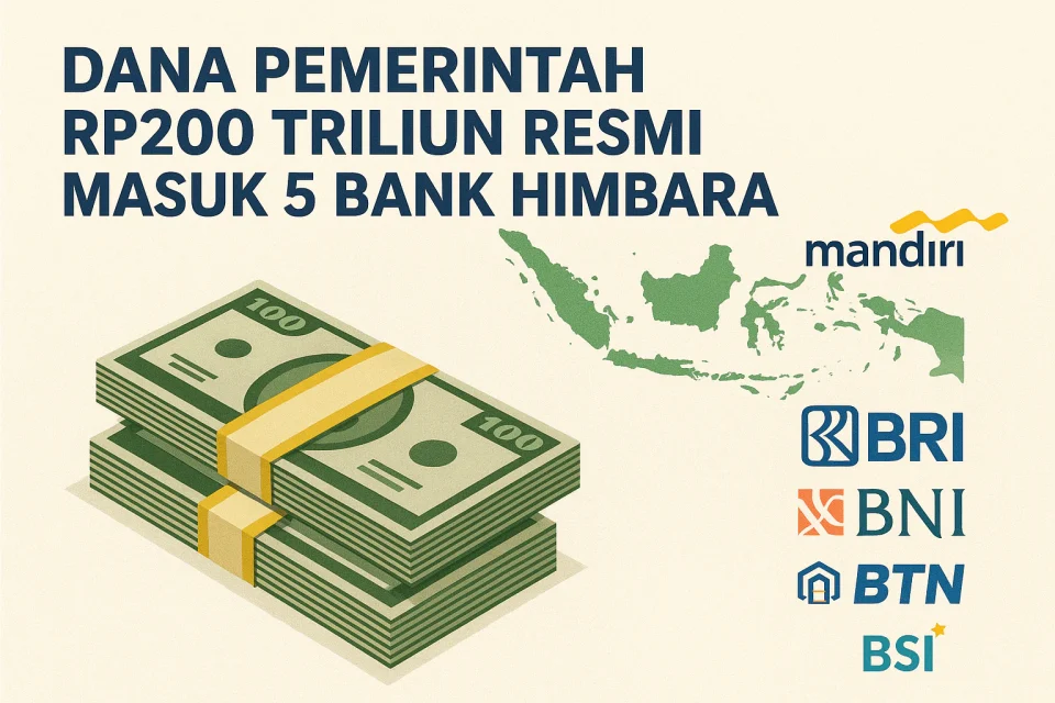Ilustrasi digital dana pemerintah Rp200 triliun masuk 5 Bank Himbara dengan peta Indonesia dan simbol pertumbuhan ekonomi nasional 2025