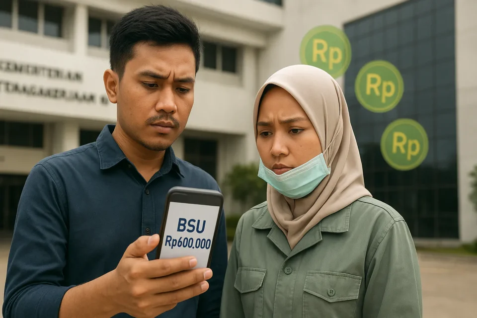 Ilustrasi pekerja menunggu pencairan BSU Rp600 ribu September 2025 di depan kantor Kemnaker