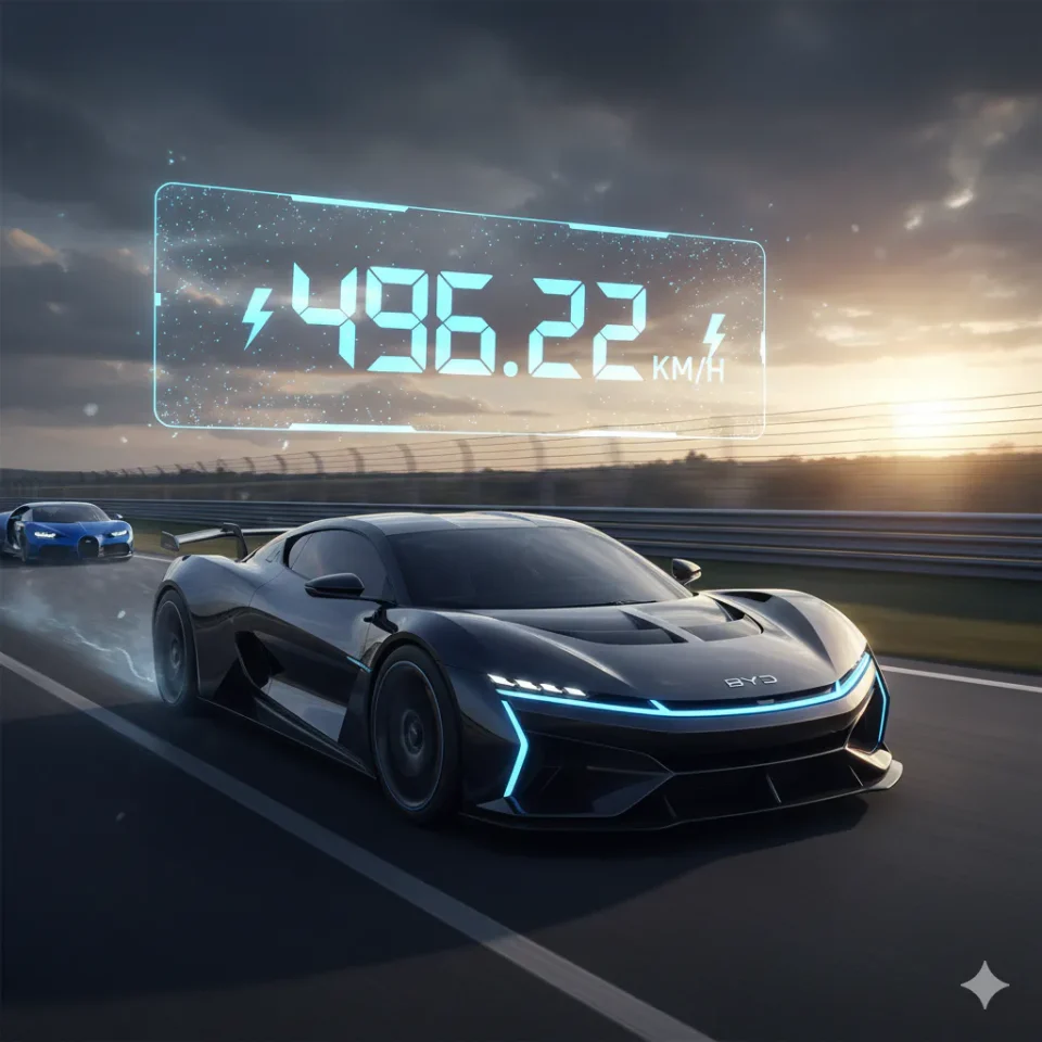 BYD Yangwang U9 Xtreme melaju di lintasan uji kecepatan, memecahkan rekor mobil produksi tercepat dunia dengan kecepatan 496,22 km/jam, menampilkan desain aerodinamis dan teknologi mobil listrik modern.