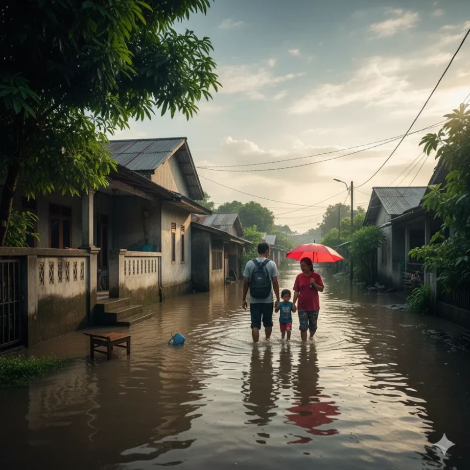 Warga mengevakuasi diri melewati banjir bandang yang merendam pemukiman di Bali dan Nusa Tenggara Timur tahun 2025