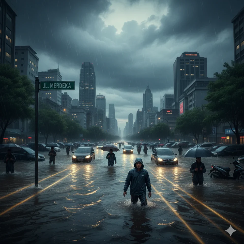 Ilustrasi realistis banjir besar di kota Indonesia dengan langit mendung saat musim hujan 2025 yang diperpanjang BMKG.