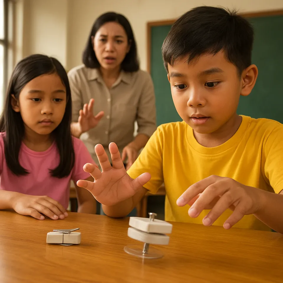 Tiga anak sekolah dasar bermain gasing dari penghapus dengan staples di dalam kelas, sementara guru memperingatkan bahaya permainan tersebut.