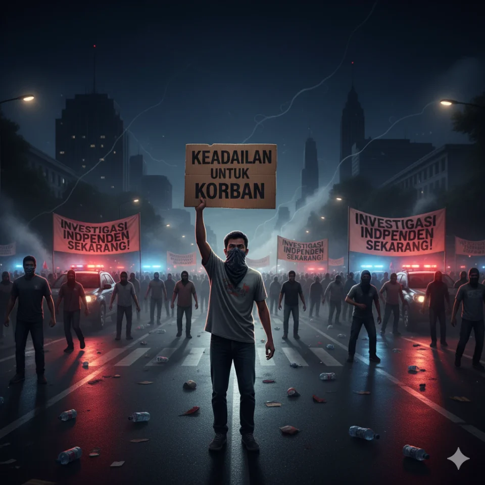 Ilustrasi demonstrasi di Jakarta menuntut investigasi independen atas tragedi demo berujung maut dengan massa membawa spanduk dan cahaya lampu polisi di malam hari