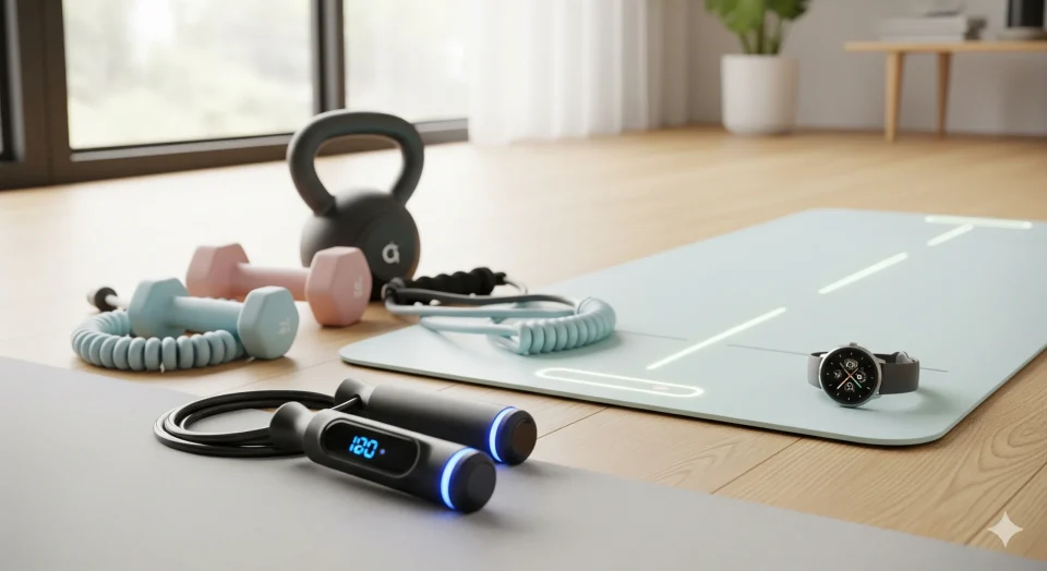 Foto realistis peralatan fitness rumahan 2025: smart skipping rope, matras pintar, dan dumbbell kecil di ruang gym rumah modern