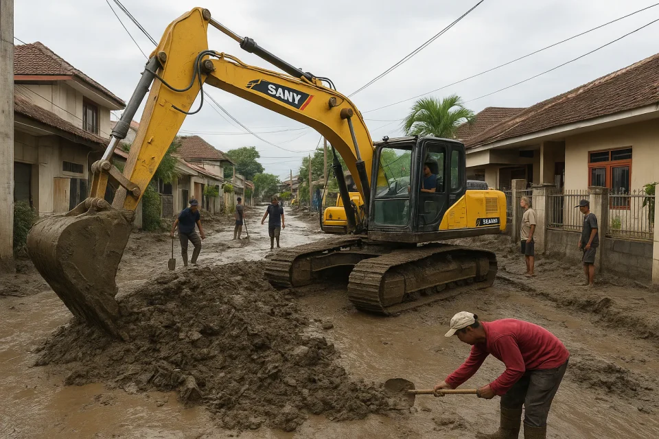 Petugas dan warga bergotong royong membersihkan lumpur dan puing di jalan permukiman Kota Denpasar setelah banjir surut, sebagai bagian dari tahap pemulihan pascabanjir.