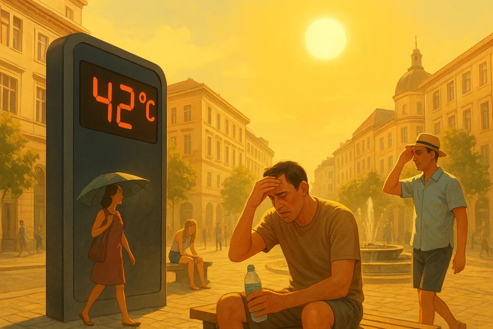 Ilustrasi kota Eropa saat gelombang panas 2024 dengan termometer jalan menunjukkan 42°C dan warga mencari tempat teduh.