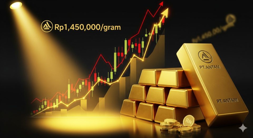 Ilustrasi emas batangan Antam dengan grafik harga menanjak menembus rekor tertinggi 2025