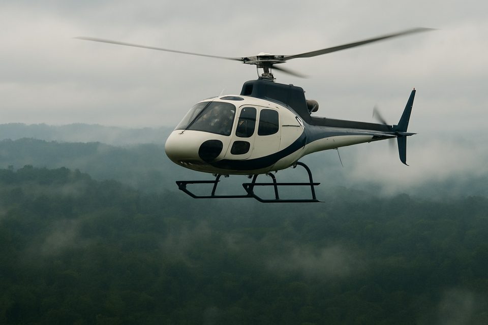 Foto realistis helikopter putih biru terbang di atas hutan berkabut di Borneo, terkait peristiwa hilangnya helikopter yang membawa delapan penumpang termasuk satu warga Amerika