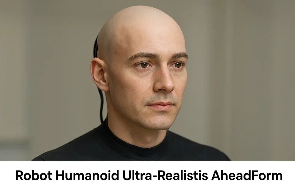 Close-up robot humanoid ultra-realistis buatan AheadForm menampilkan ekspresi wajah dan kedipan mata yang sangat mirip manusia
