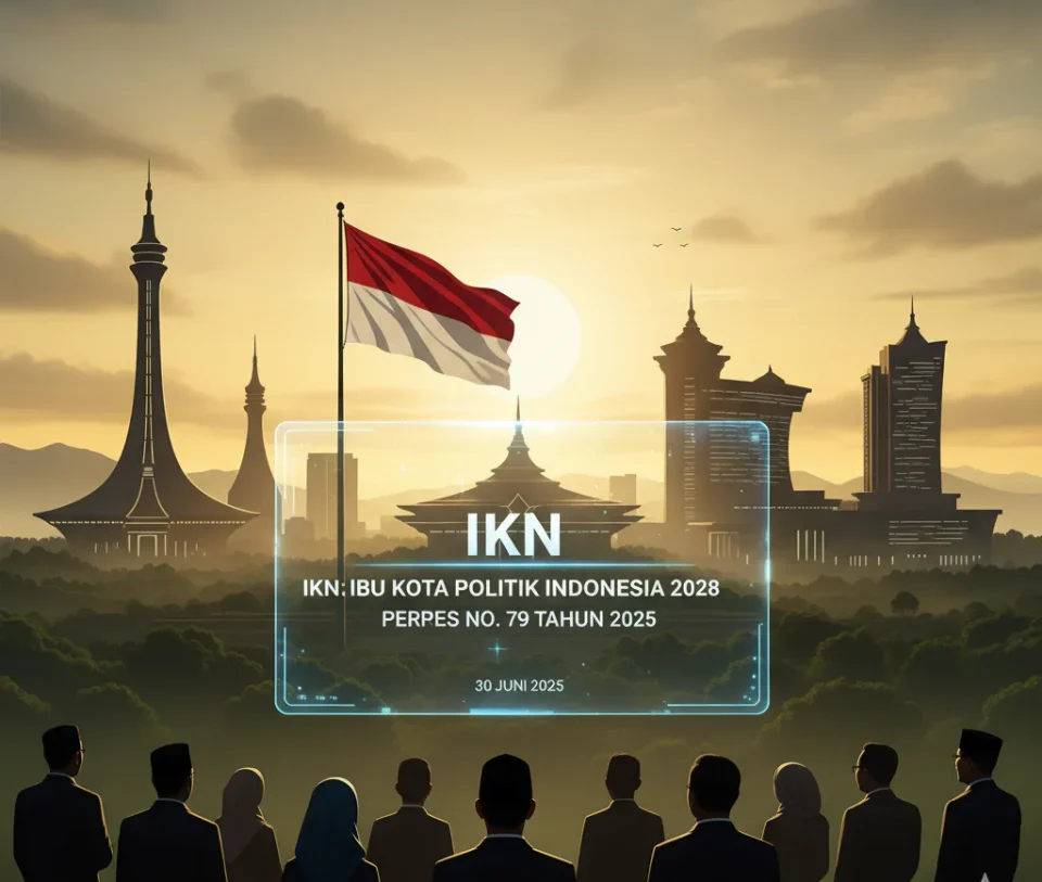Ilustrasi realistis kompleks pemerintahan di Ibu Kota Nusantara (IKN) dengan gedung-gedung modern dan bendera Indonesia, melambangkan transisi menjadi ibu kota politik.