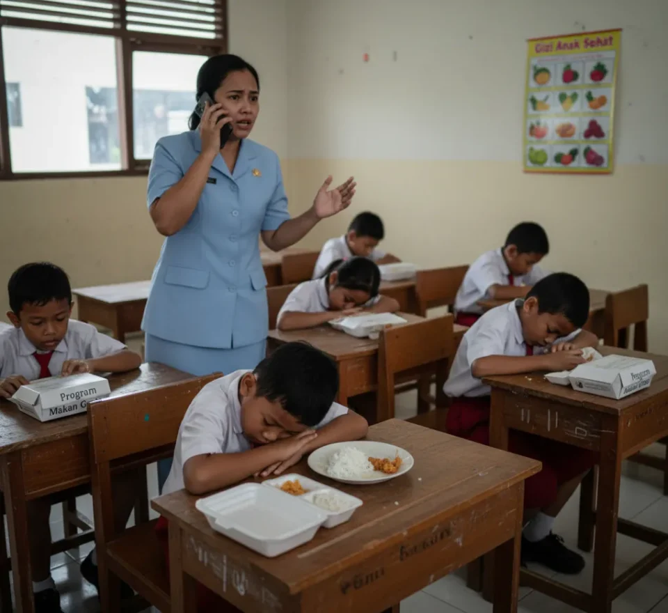 Anak-anak SD di Indonesia tampak lesu memegang perut setelah makan dari program makan gratis sekolah, guru terlihat khawatir menelpon di dalam ruang kelas
