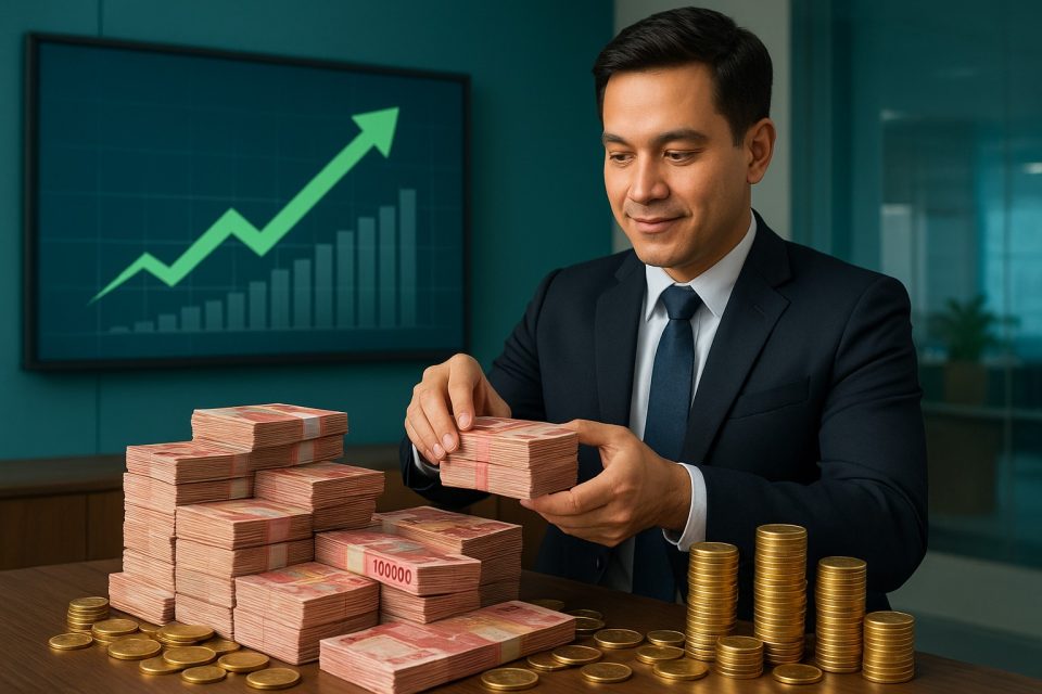 Petugas bank menata tumpukan uang rupiah dan koin emas di meja dengan latar grafik pertumbuhan naik, menggambarkan tren penambahan likuiditas perbankan 2025