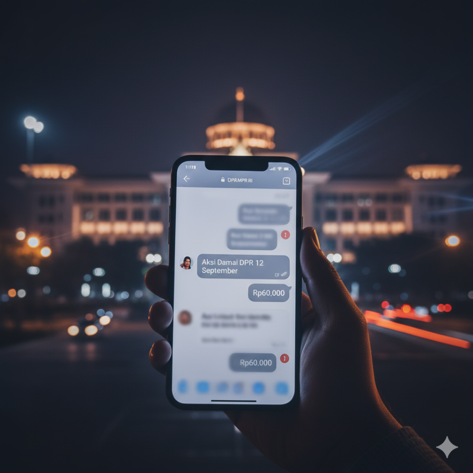 “Ilustrasi ponsel menampilkan pesan viral aksi damai DPR 12 September dengan janji bayaran Rp60 ribu di latar gedung DPR Jakarta malam hari.