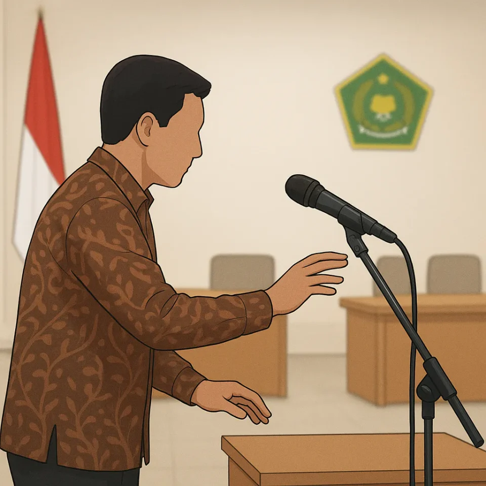 Ilustrasi ruangan pelantikan Kemenag NTB dengan seorang pria berbaju batik menyesuaikan posisi tiang mikrofon, tanpa menampilkan detail wajah.
