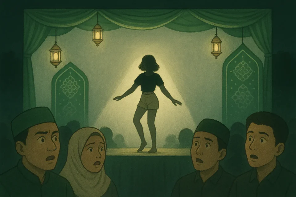 Ilustrasi kontroversi penari celana pendek di acara Maulid Nabi Wonosobo dengan panggung sederhana dan penonton yang terkejut
