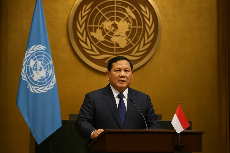 Ilustrasi realistis Presiden Indonesia umumkan bantuan kemanusiaan untuk Palestina di Sidang Umum PBB 2025 dengan latar bendera PBB dan Indonesia