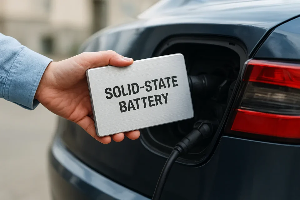Tangan seseorang memegang baterai solid-state di dekat port pengisian mobil listrik, menampilkan inovasi teknologi baterai generasi terbaru.