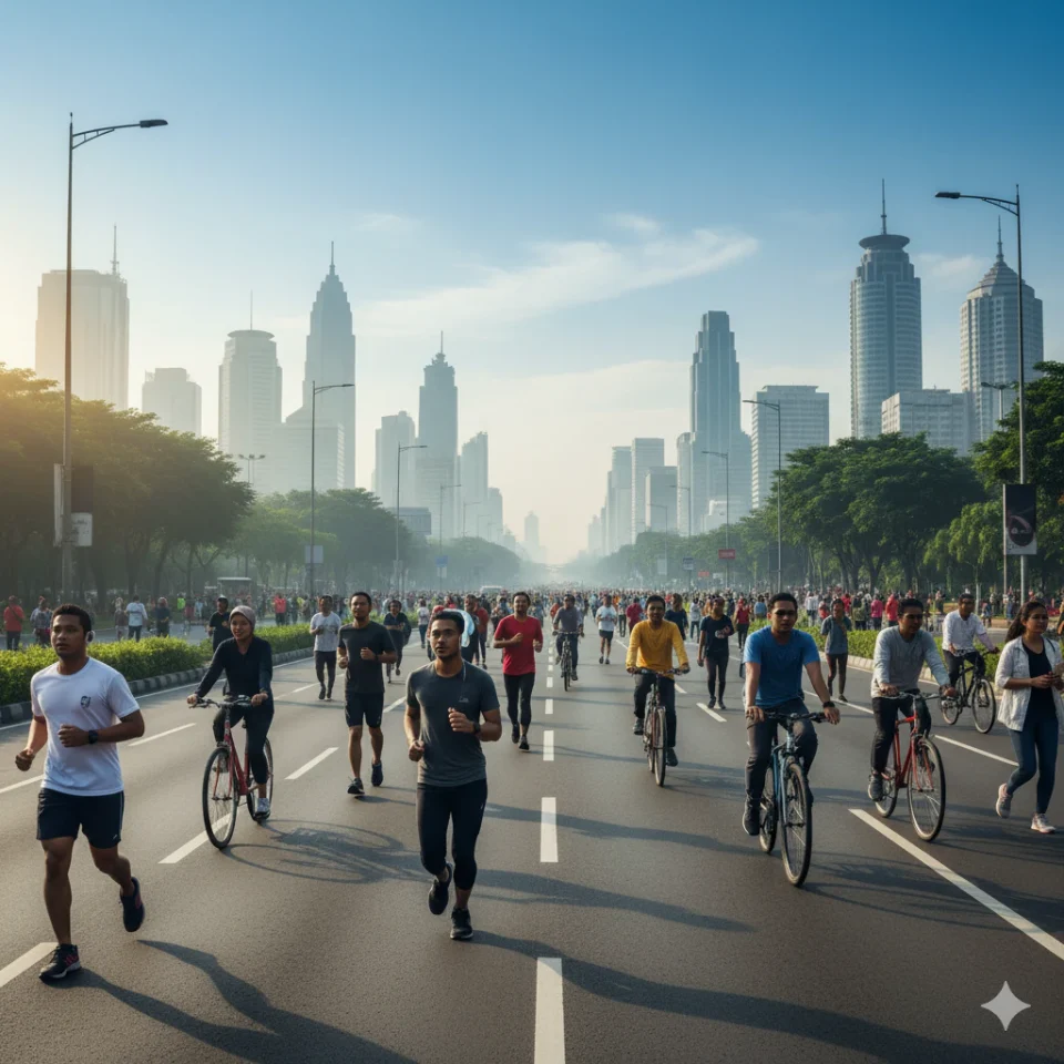 Warga Jakarta berolahraga di jalan Sudirman-Thamrin saat Car-Free Sundays dengan udara bersih dan lingkungan sehat.