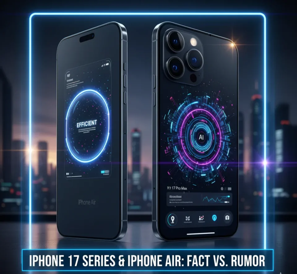 Dua model iPhone 17 berjejer, menyoroti iPhone 17 Pro Max dan desain ultra-tipis dari rumor iPhone Air, untuk menunjang keyword harga dan spesifikasi iPhone 17.
