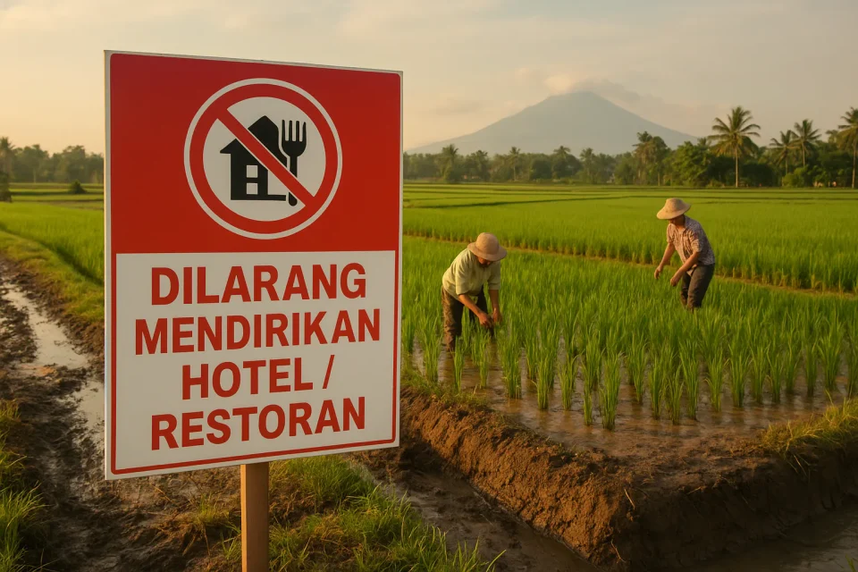 Papan larangan pembangunan hotel dan restoran baru di area sawah Bali pasca banjir bandang – kebijakan pelestarian lahan pertanian