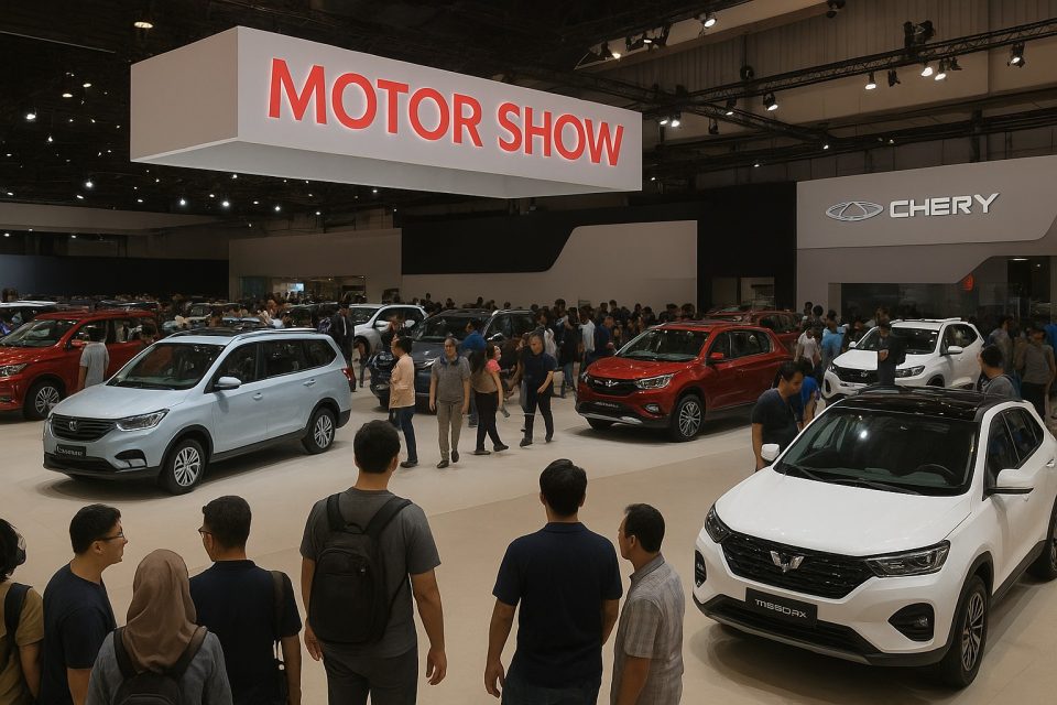 Sebuah SUV modern dipajang di dalam showroom otomotif dengan latar tulisan Motor Show, menampilkan desain futuristik dan tren mobil terbaru.