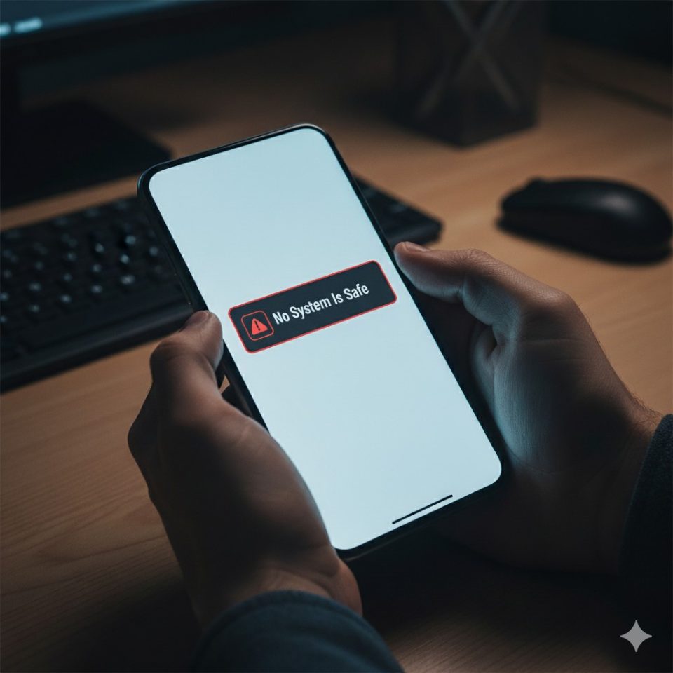 Ilustrasi realistis smartphone menampilkan notifikasi misterius sebagai gambaran isu aplikasi MyTelkomsel