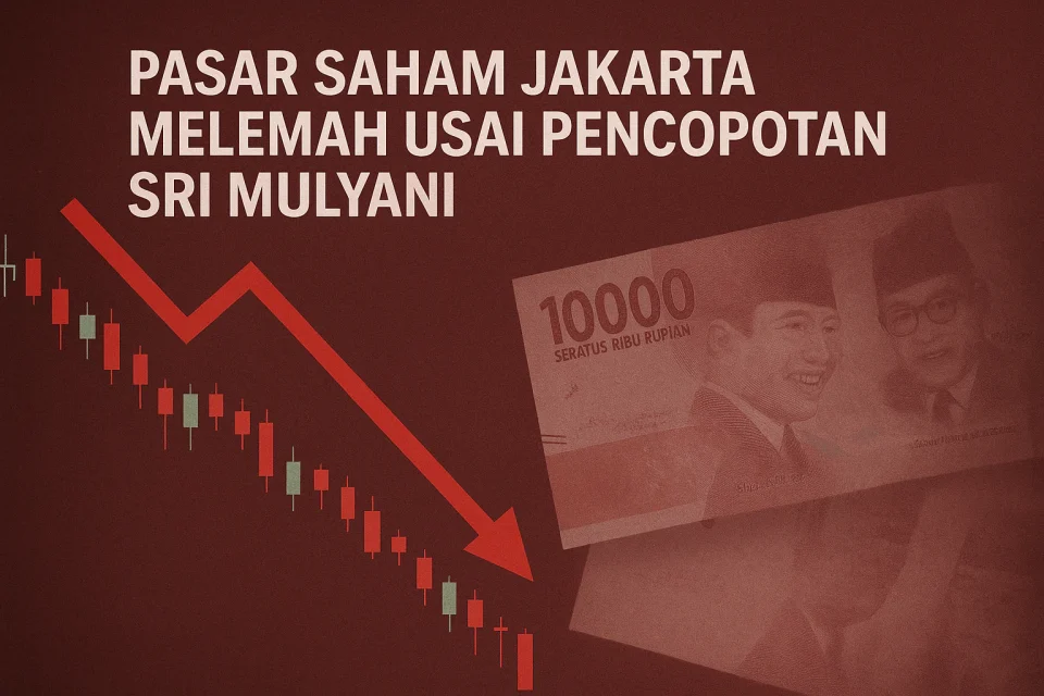 Grafik candlestick IHSG dan rupiah melemah setelah pencopotan Sri Mulyani sebagai Menteri Keuangan Indonesia