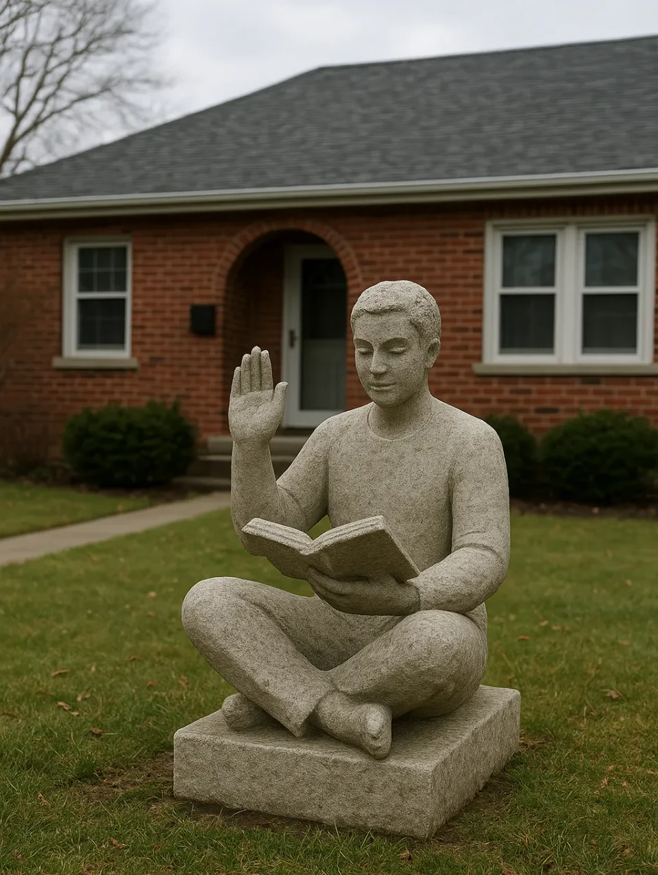 Patung batu berbentuk sosok pria duduk bersila sambil membaca buku dan melambaikan tangan, berdiri di halaman depan rumah bata merah pada siang hari berawan.