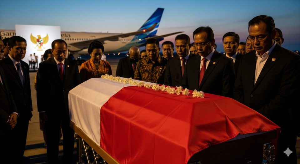 Ilustrasi peti jenazah staf KBRI Lima korban penembakan di Peru dibalut bendera Merah Putih di bandara dengan suasana duka