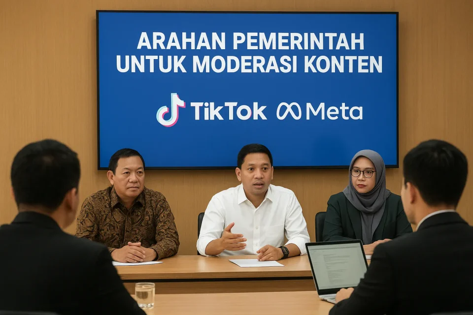 Pejabat pemerintah Indonesia berdiskusi dengan perwakilan TikTok dan Meta membahas arahan moderasi konten digital di ruang rapat resmi.