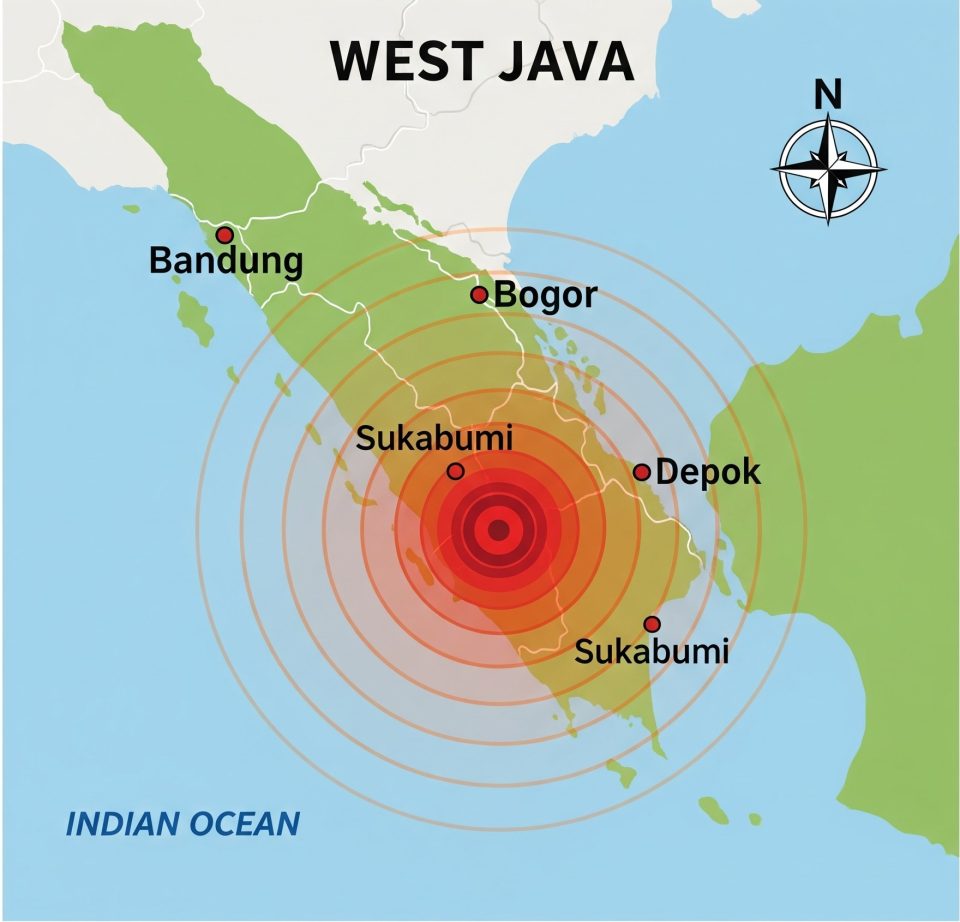 Peta lokasi pusat gempa Sukabumi magnitudo 4,7 menurut BMKG