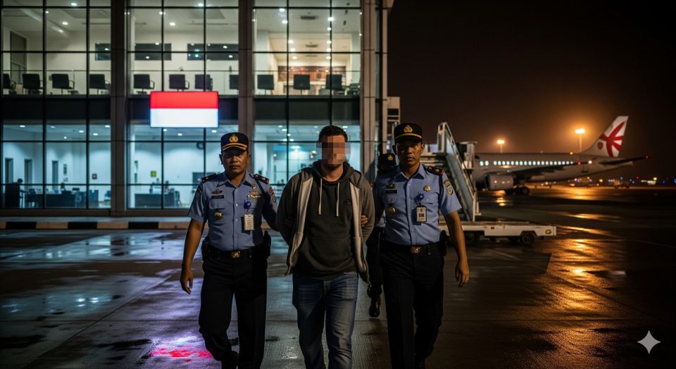 Petugas imigrasi Indonesia menggiring warga negara Maroko buronan internasional di bandara menuju pesawat untuk proses deportasi malam hari.