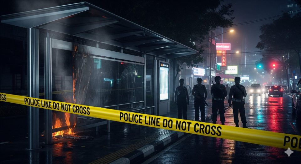 Garis polisi mengelilingi halte Transjakarta yang rusak akibat pembakaran di Jakarta