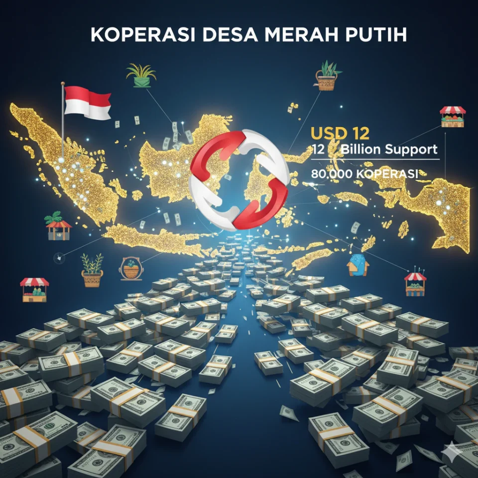 Ilustrasi program Koperasi Desa Merah Putih dengan dukungan dana USD 12 miliar untuk pembentukan 80.000 koperasi di seluruh Indonesia