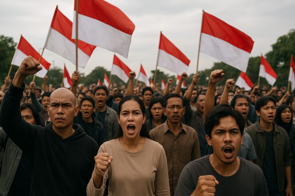 Kerumunan masyarakat Indonesia menyuarakan 17+8 Tuntutan Rakyat viral di media sosial 2025