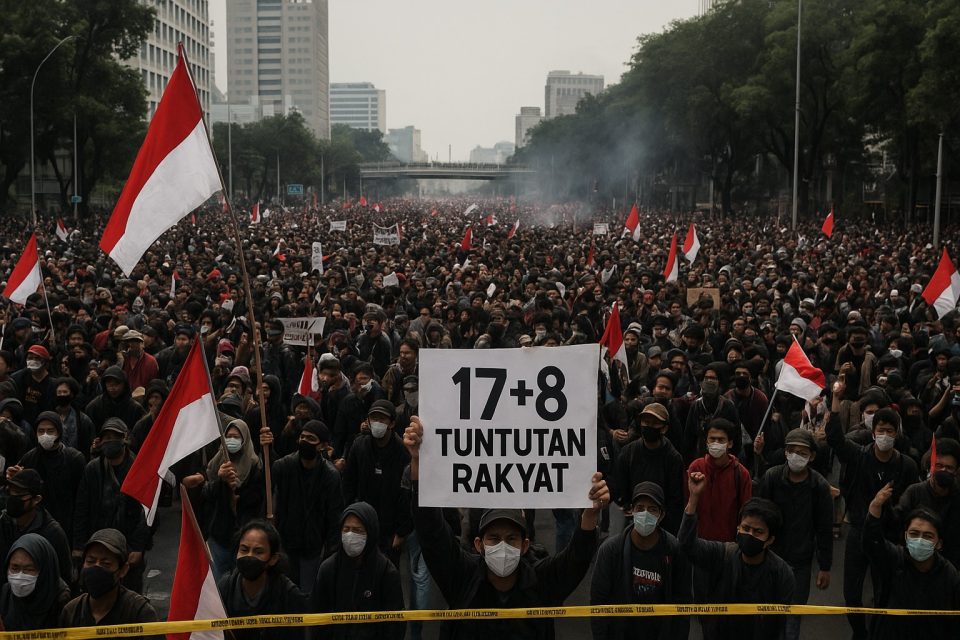 Ribuan demonstran memenuhi jalan dalam aksi nasional 17+8 Tuntutan Rakyat 2025 di Indonesia.