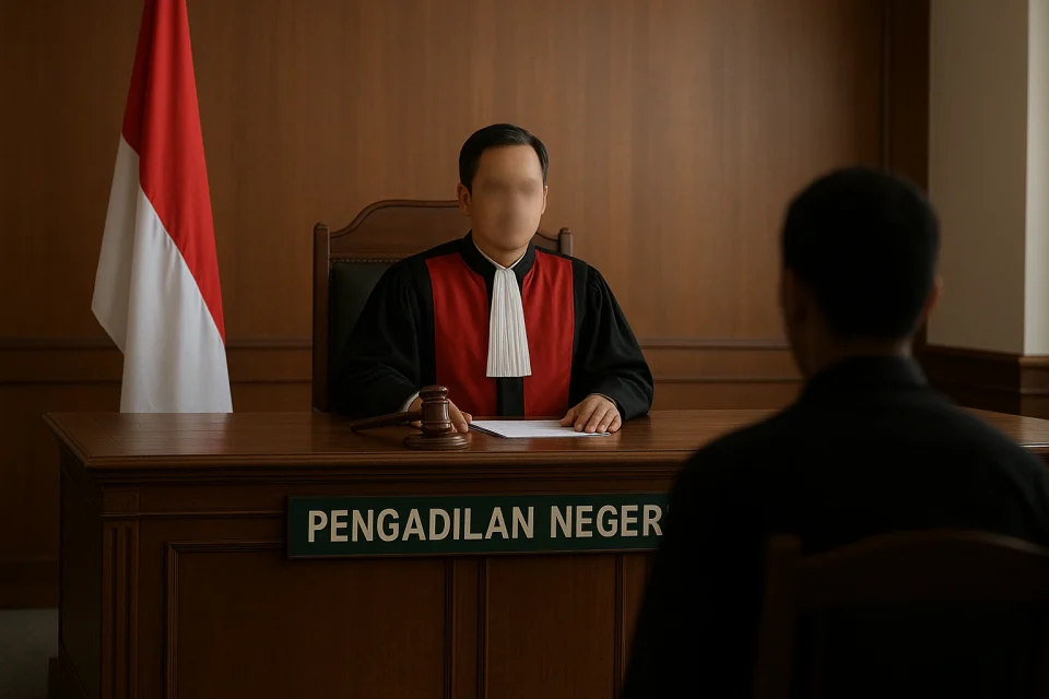 Ilustrasi ruang sidang Pengadilan Negeri Denpasar dengan hakim dan bendera Indonesia, terkait vonis warga Ukraina kasus narkoba di Bali