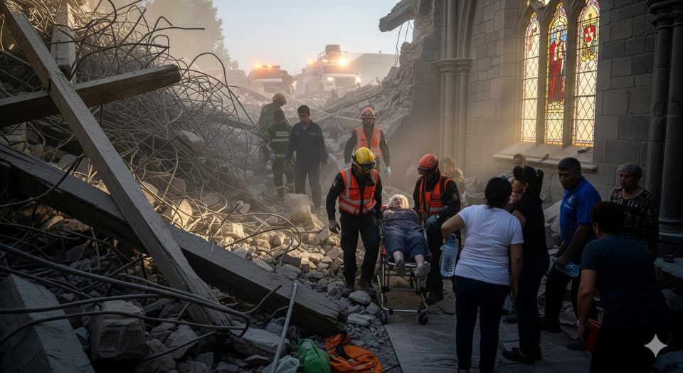 Foto ilustrasi gedung pengajian runtuh di Jawa yang menewaskan tiga orang dan melukai puluhan lainnya