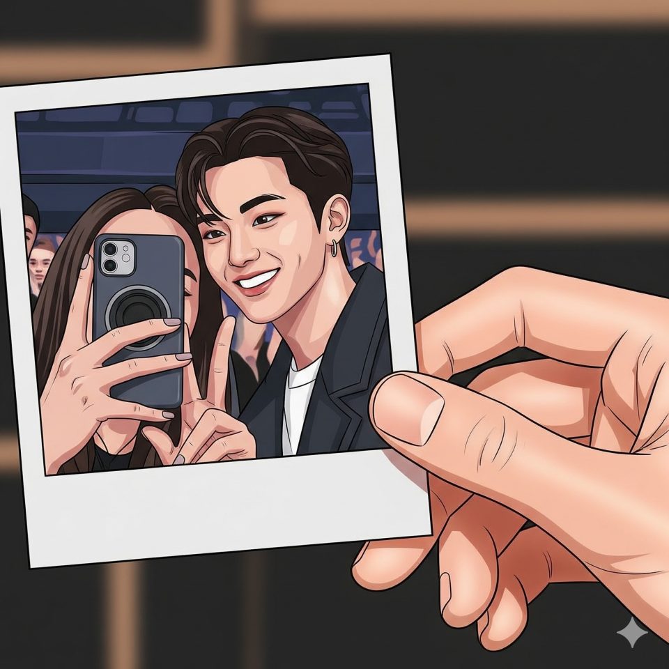 Ilustrasi foto polaroid digital bersama idol K-Pop menggunakan Gemini AI