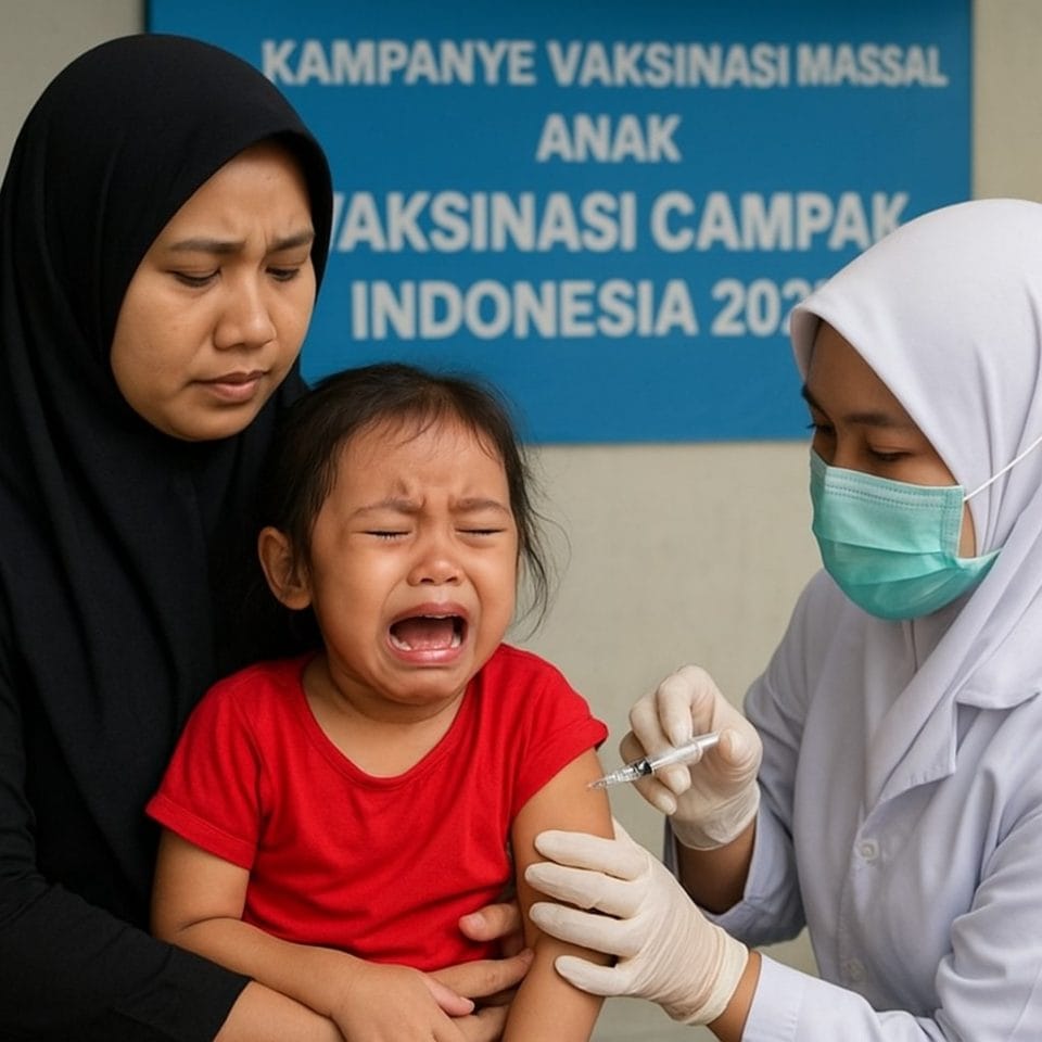Seorang anak perempuan Indonesia menangis saat menerima suntikan vaksin campak dalam kampanye vaksinasi massal, didampingi ibunya dan tenaga medis.
