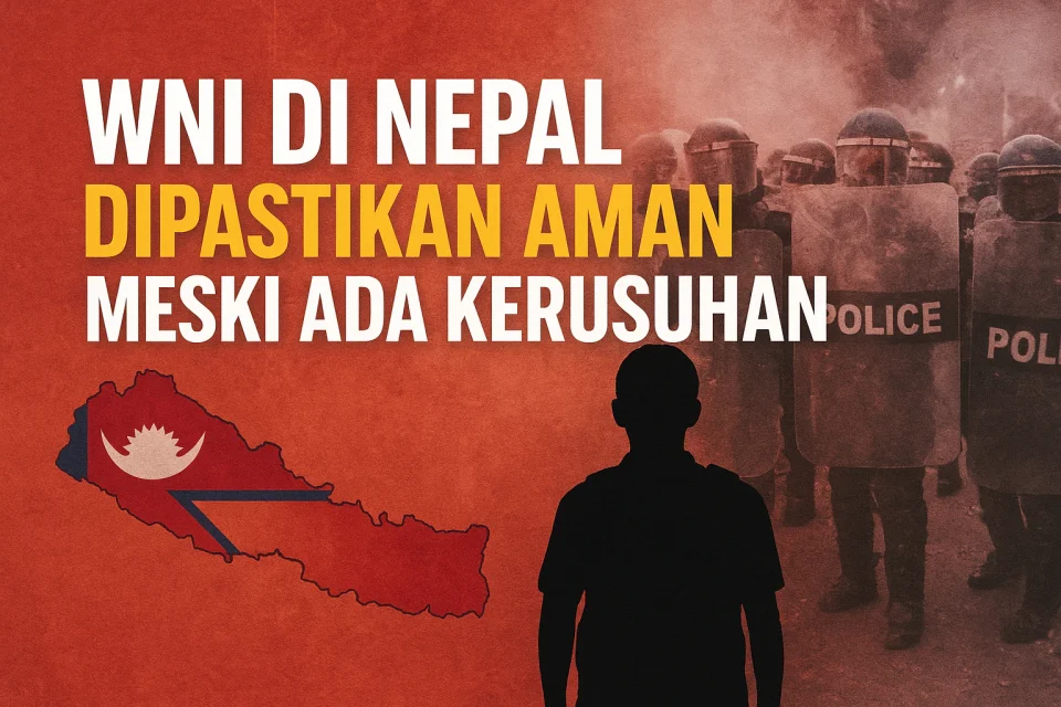 Ilustrasi digital peta Nepal dengan bendera Indonesia dan ikon evakuasi yang menegaskan WNI aman di tengah kerusuhan besar