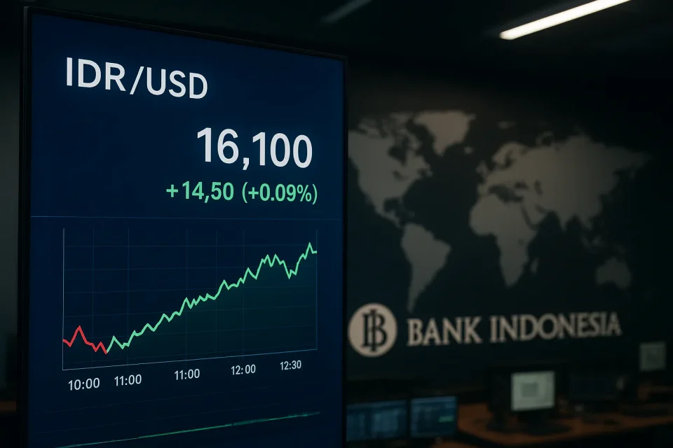 Layar monitor menampilkan grafik pergerakan kurs rupiah terhadap dolar AS di ruang trading Bank Indonesia, mencerminkan kebijakan penguatan cadangan devisa.