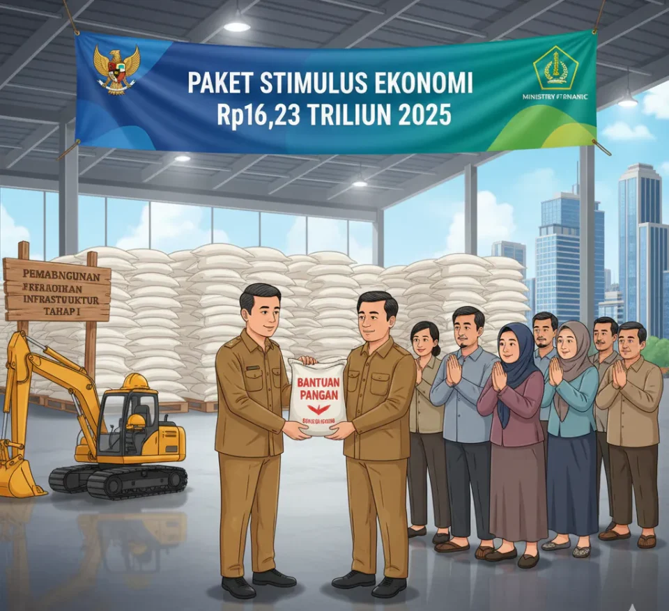 Ilustrasi penyaluran bantuan beras dan proyek infrastruktur sebagai bagian paket stimulus ekonomi Rp16,23 triliun Indonesia 2025