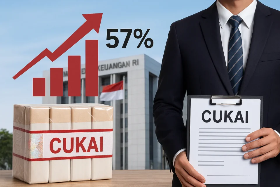 Ilustrasi kenaikan tarif cukai rokok 57 persen dengan pita cukai dan gedung Kementerian Keuangan RI – dampak ekonomi dan reaksi masyarakat