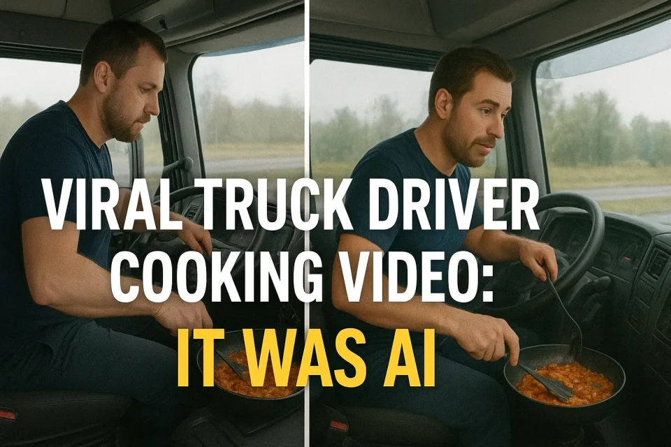 A realistic split-screen image showing a truck driver cooking inside his vehicle, comparing the real video with an AI-generated version, illustrating how the viral “Truck Driver Cooking” clip was created using artificial intelligence.