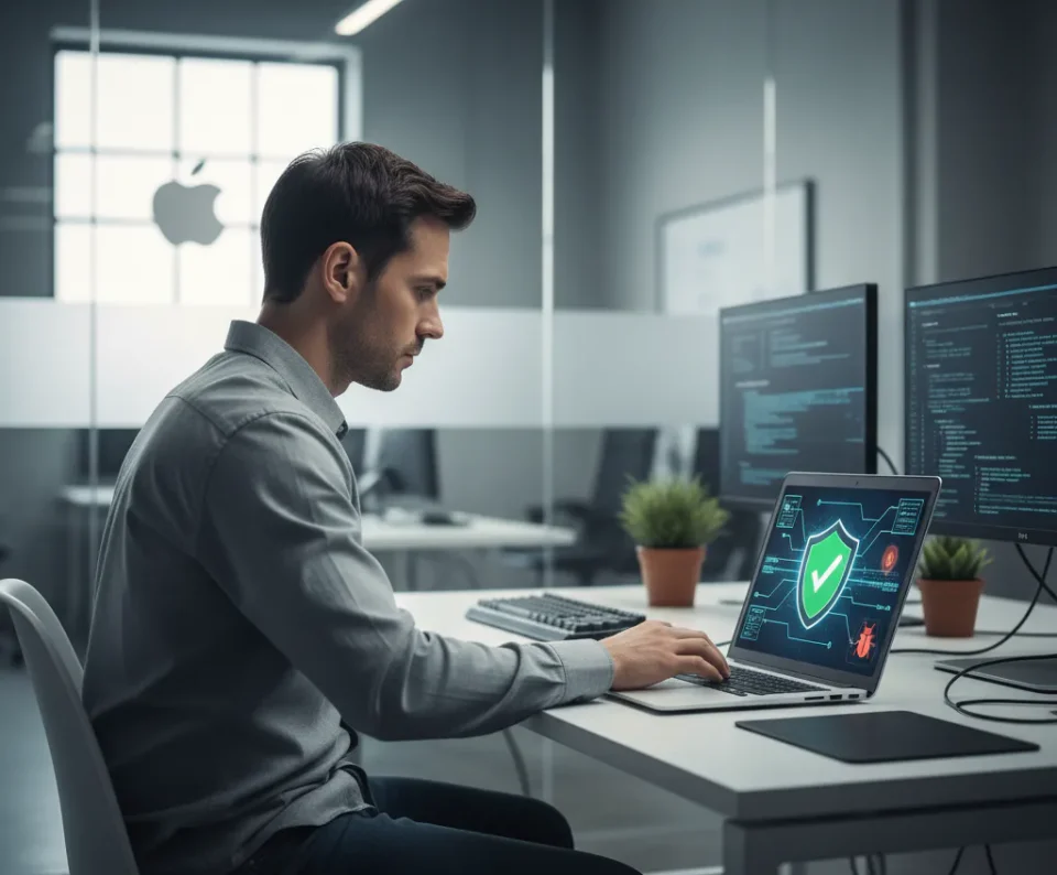 Peneliti keamanan siber menggunakan MacBook di kantor modern dalam program bug bounty Apple senilai Rp 33 miliar