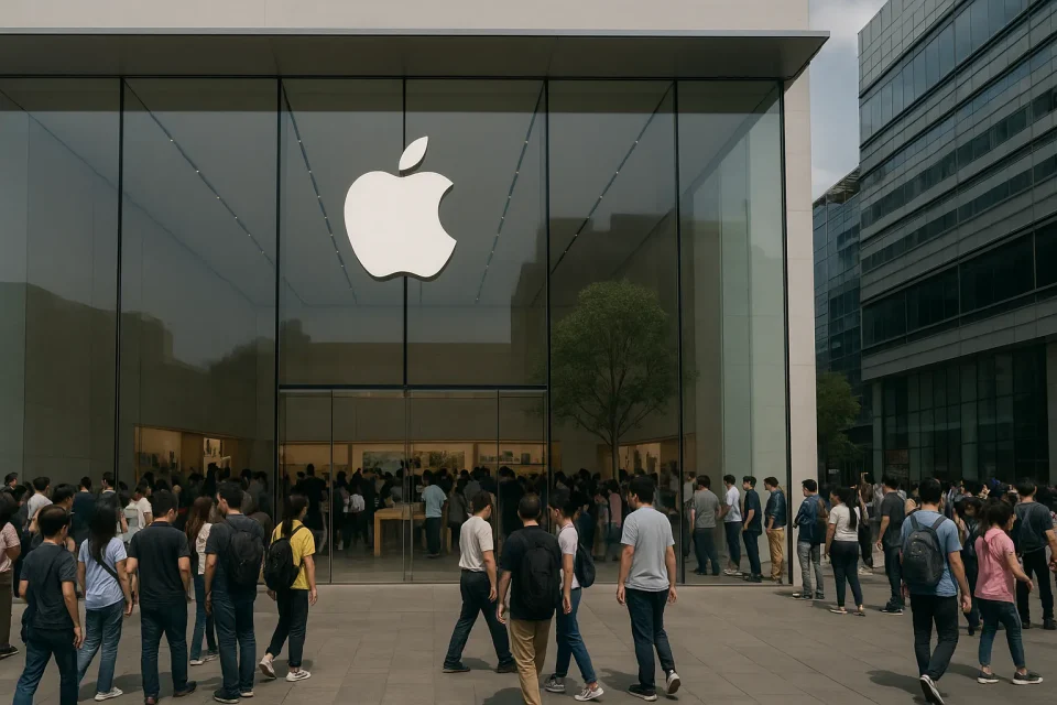 Crowds gather outside Apple’s new megastore in Beijing’s Sanlitun district, featuring a sleek glass façade and the iconic Apple logo, symbolizing the company’s expansion in China amid U.S. criticism from William Barr.