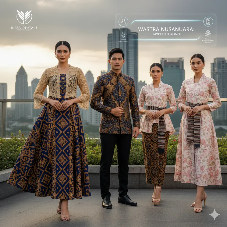 Empat model (pria dan wanita) berpose anggun dengan koleksi pakaian Batik modern, termasuk tunik lengan bishop dan dress kombinasi brokat, di latar belakang perkotaan, menampilkan tren fashion wastra nusantara.